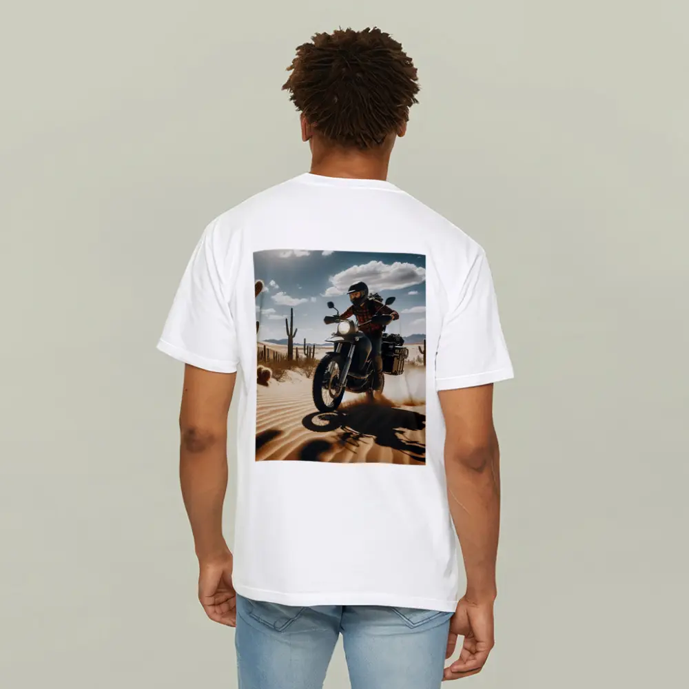 Adventure Motorcycle Rider Desert Cactus Landscape – T-Shirts