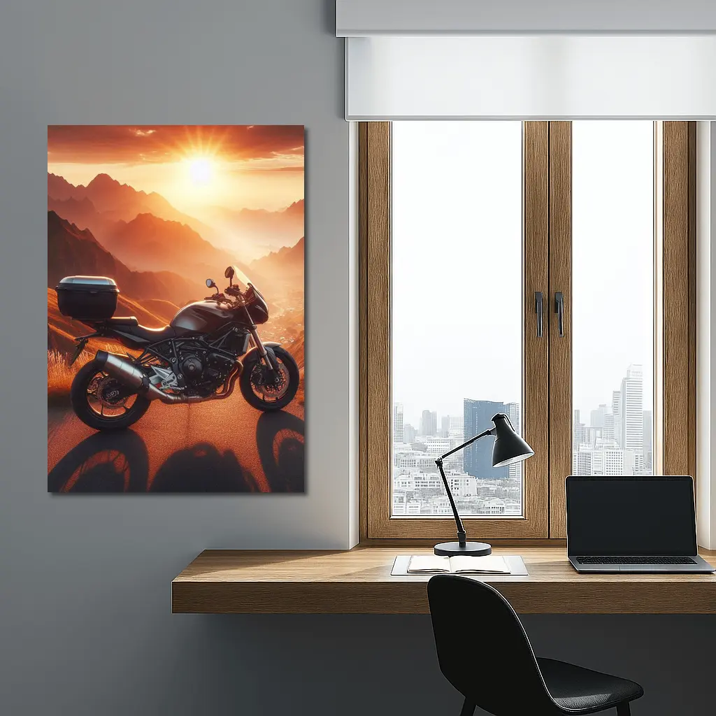 Sport Bike Parked Mountain Sunset Golden Sky – Wall Art