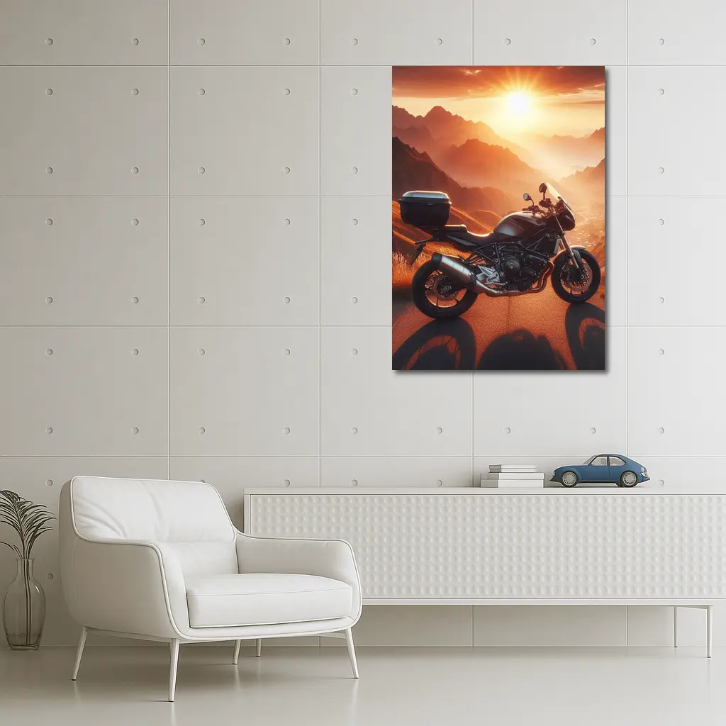 Sport Bike Parked Mountain Sunset Golden Sky – Wall Art