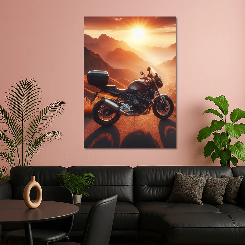 Sport Bike Parked Mountain Sunset Golden Sky – Wall Art