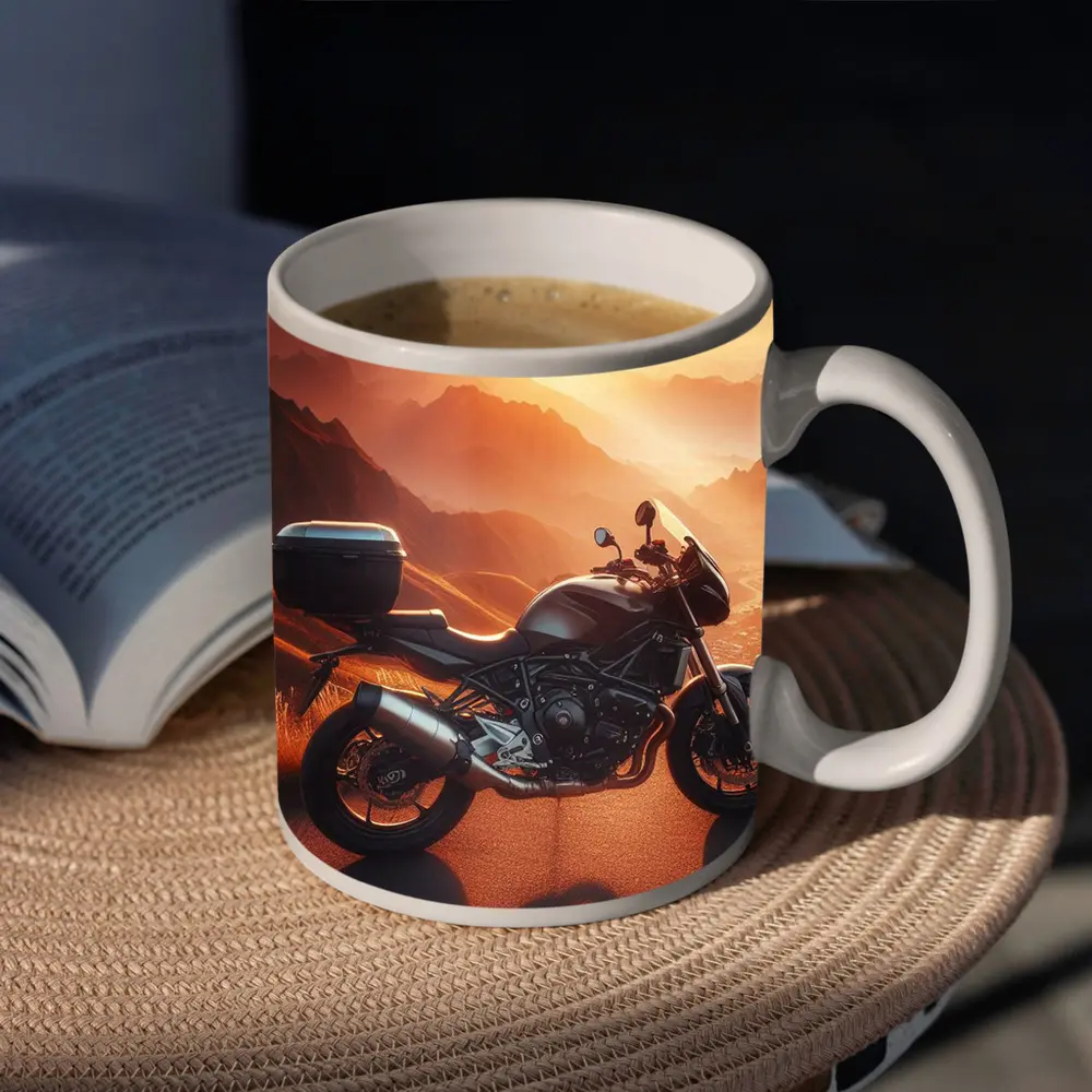 Sport Bike Parked Mountain Sunset Golden Sky – Mugs