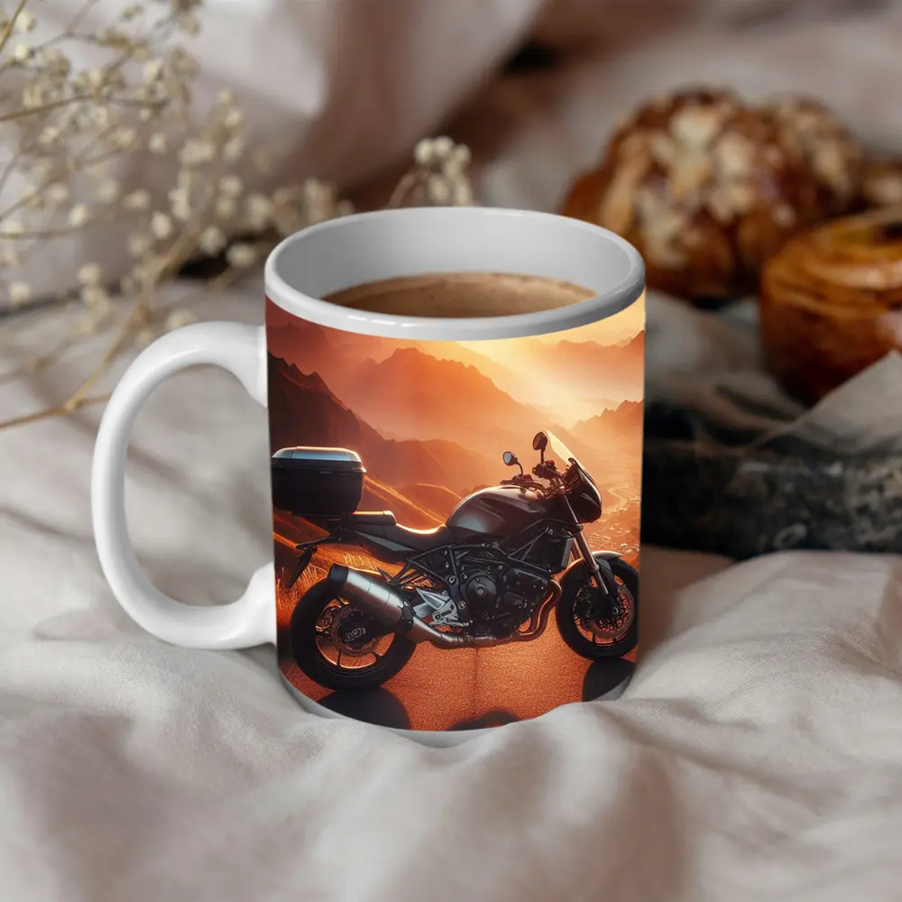 Sport Bike Parked Mountain Sunset Golden Sky – Mugs