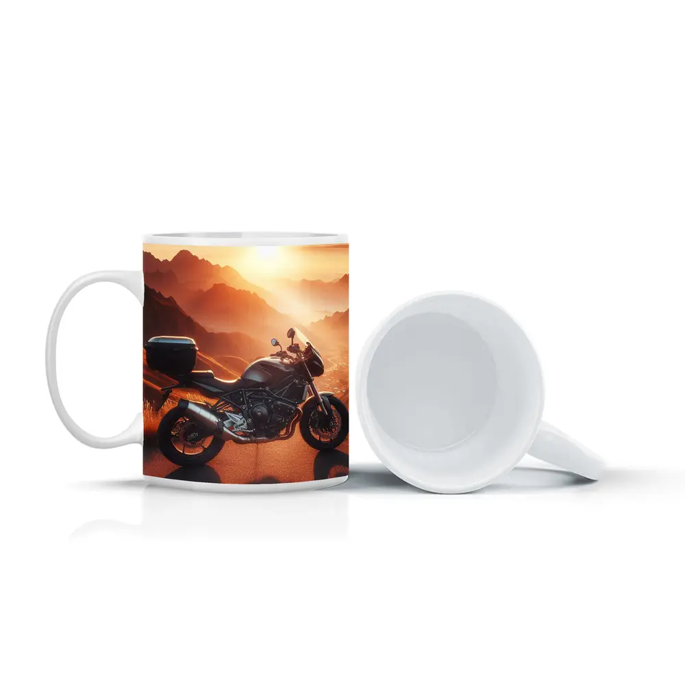 Sport Bike Parked Mountain Sunset Golden Sky – Mugs