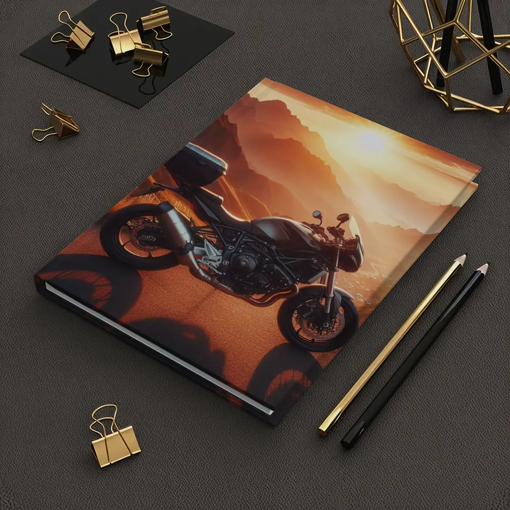 Sport Bike Parked Mountain Sunset Golden Sky – Notebooks