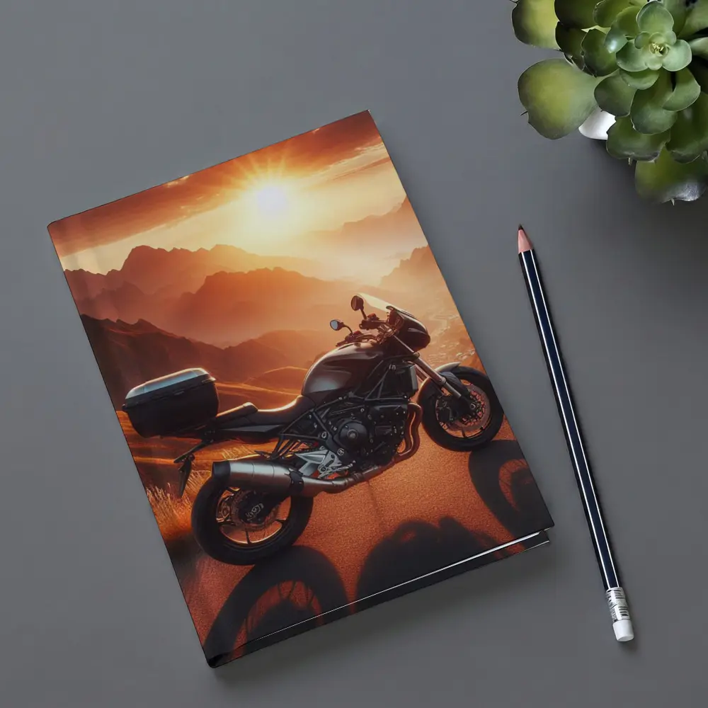 Sport Bike Parked Mountain Sunset Golden Sky – Notebooks