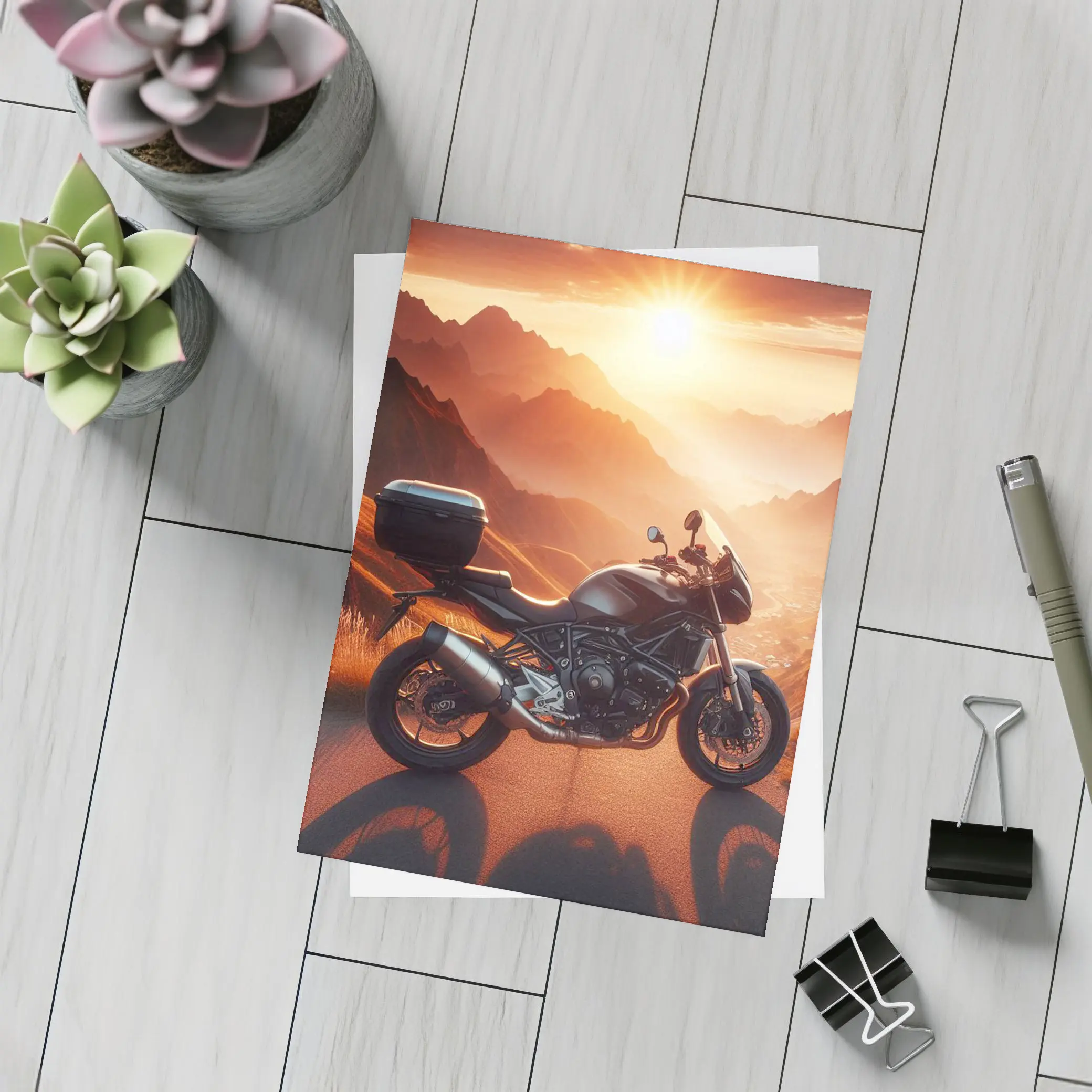 Sport Bike Parked Mountain Sunset Golden Sky – Postcards