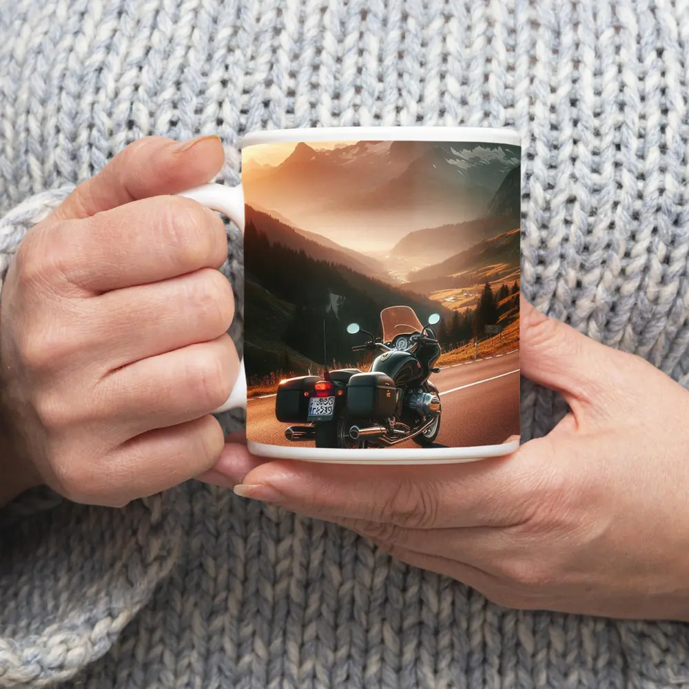Touring Motorcycle Alpine Mountain Sunset Road – Mugs