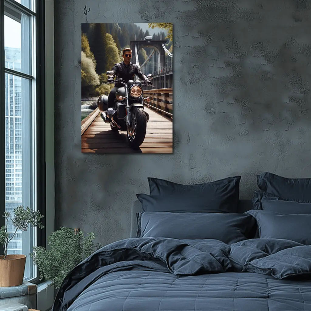 Cruiser Motorcycle Rider On Wooden Bridge – Wall Art
