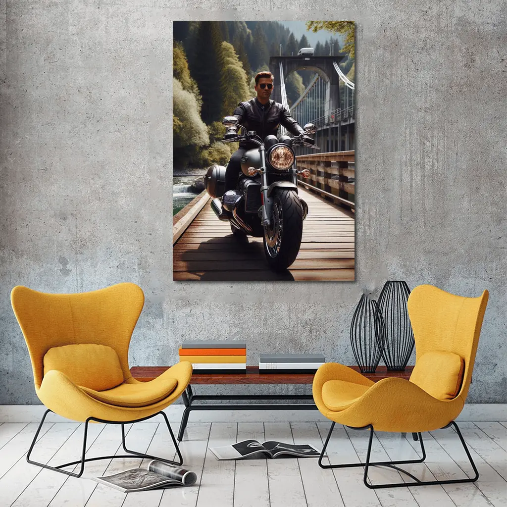 Cruiser Motorcycle Rider On Wooden Bridge – Wall Art