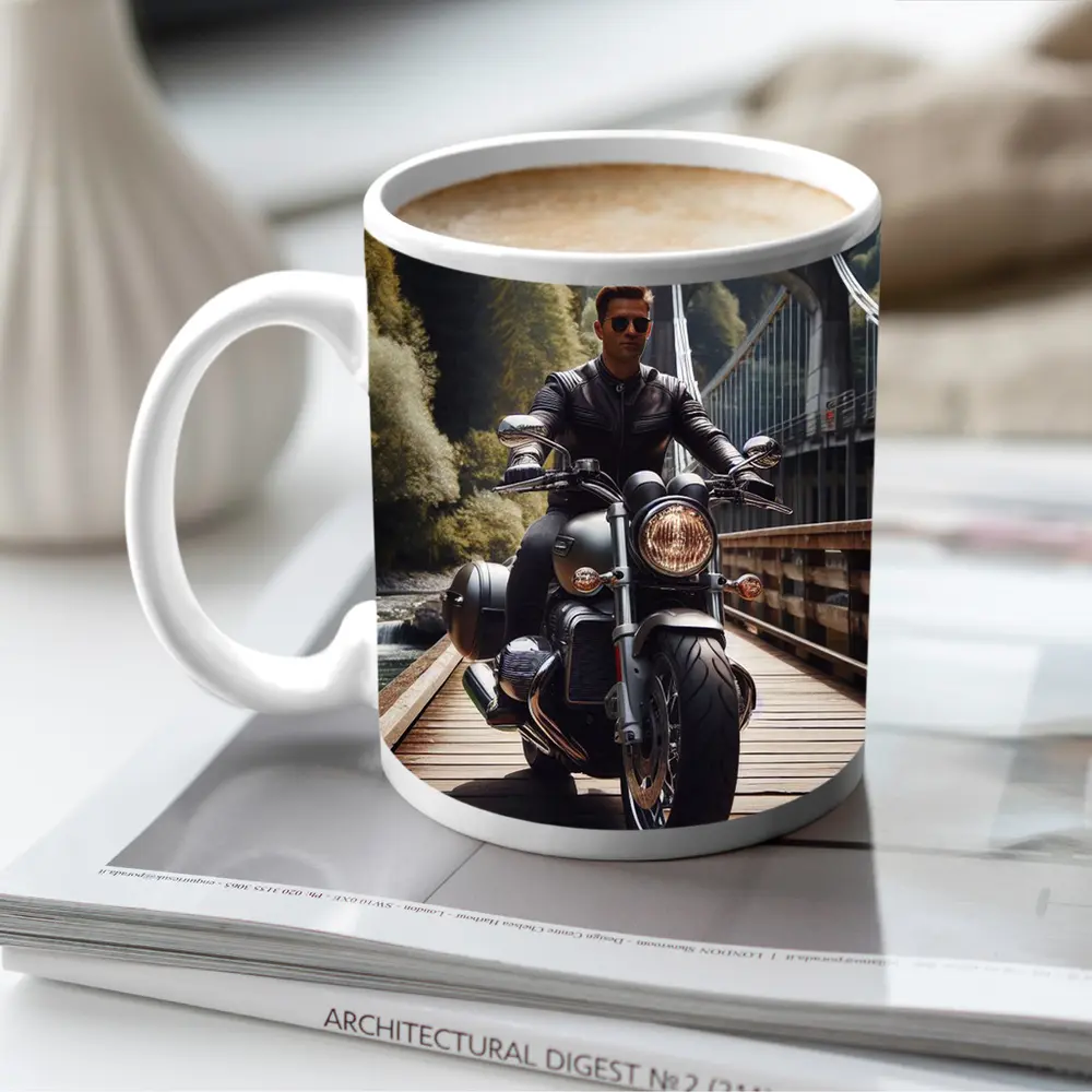 Cruiser Motorcycle Rider On Wooden Bridge – Mugs