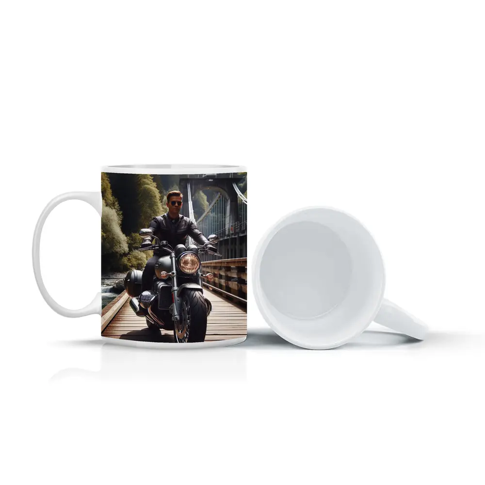 Cruiser Motorcycle Rider On Wooden Bridge – Mugs