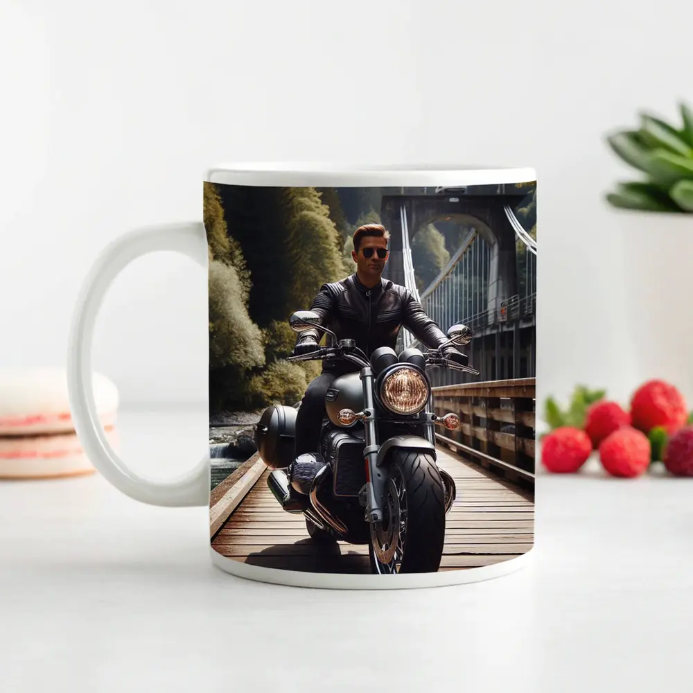 Cruiser Motorcycle Rider On Wooden Bridge – Mugs