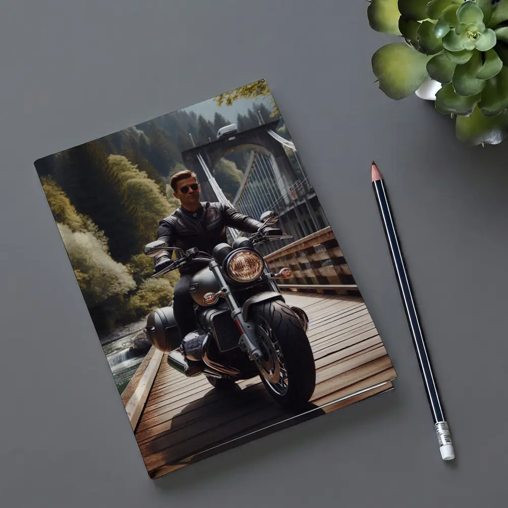 Cruiser Motorcycle Rider On Wooden Bridge – Notebooks