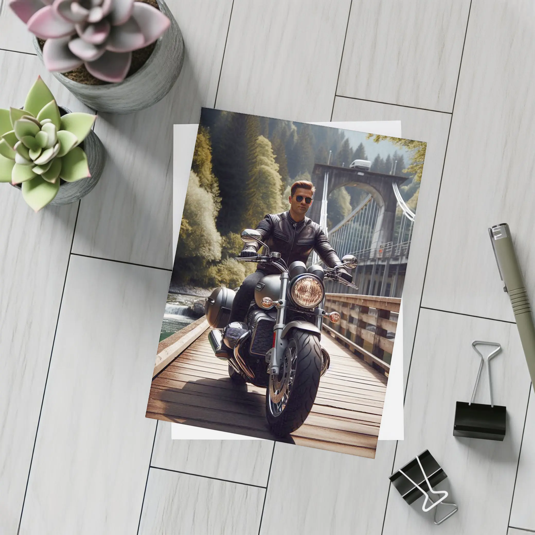 Cruiser Motorcycle Rider On Wooden Bridge – Postcards