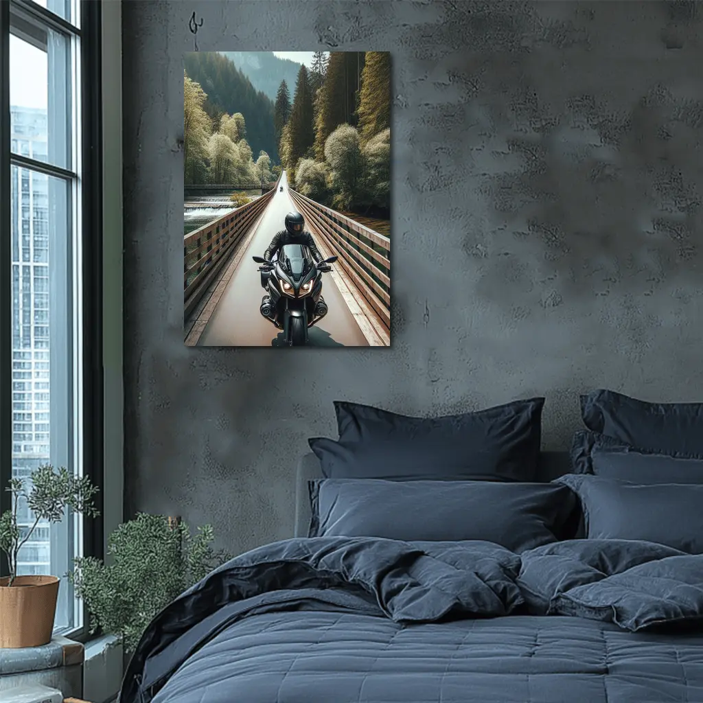 Sport Bike Rider Crossing Forest Bridge – Wall Art