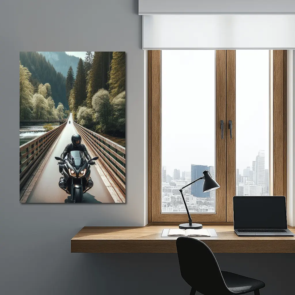 Sport Bike Rider Crossing Forest Bridge – Wall Art