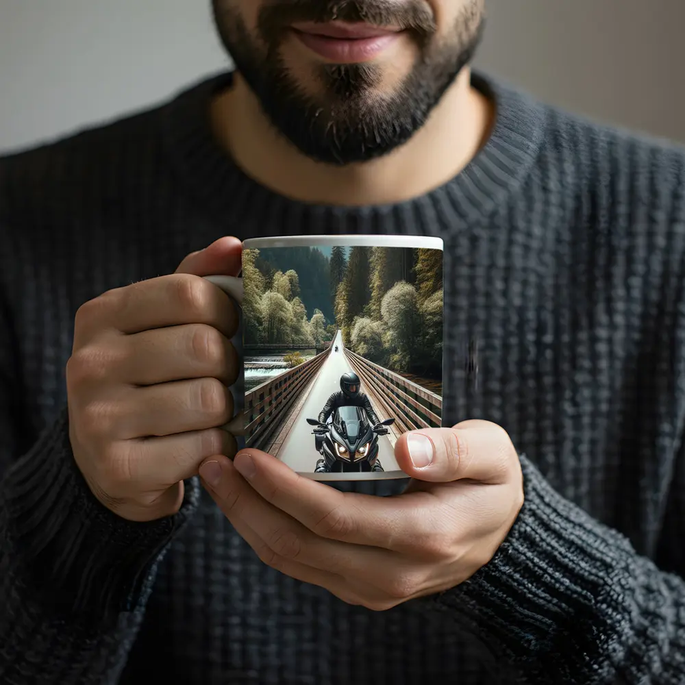 Sport Bike Rider Crossing Forest Bridge – Mugs