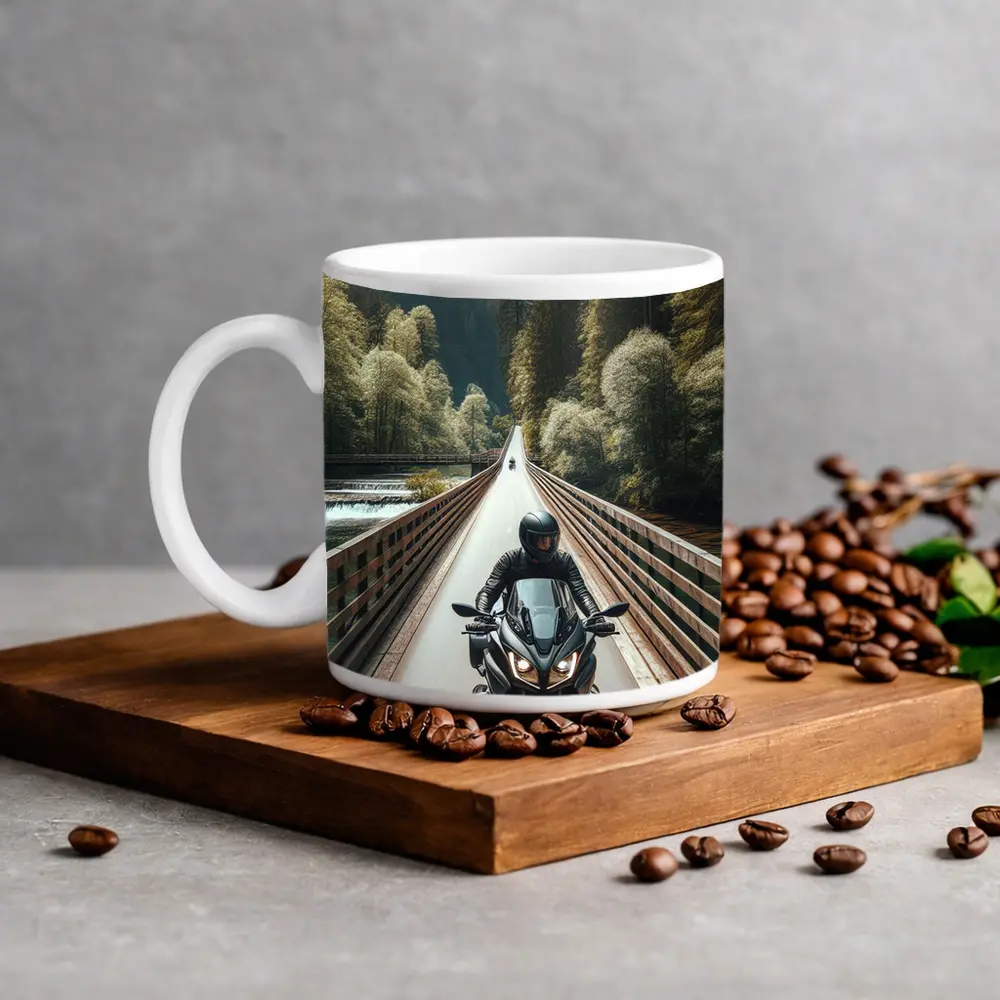 Sport Bike Rider Crossing Forest Bridge – Mugs
