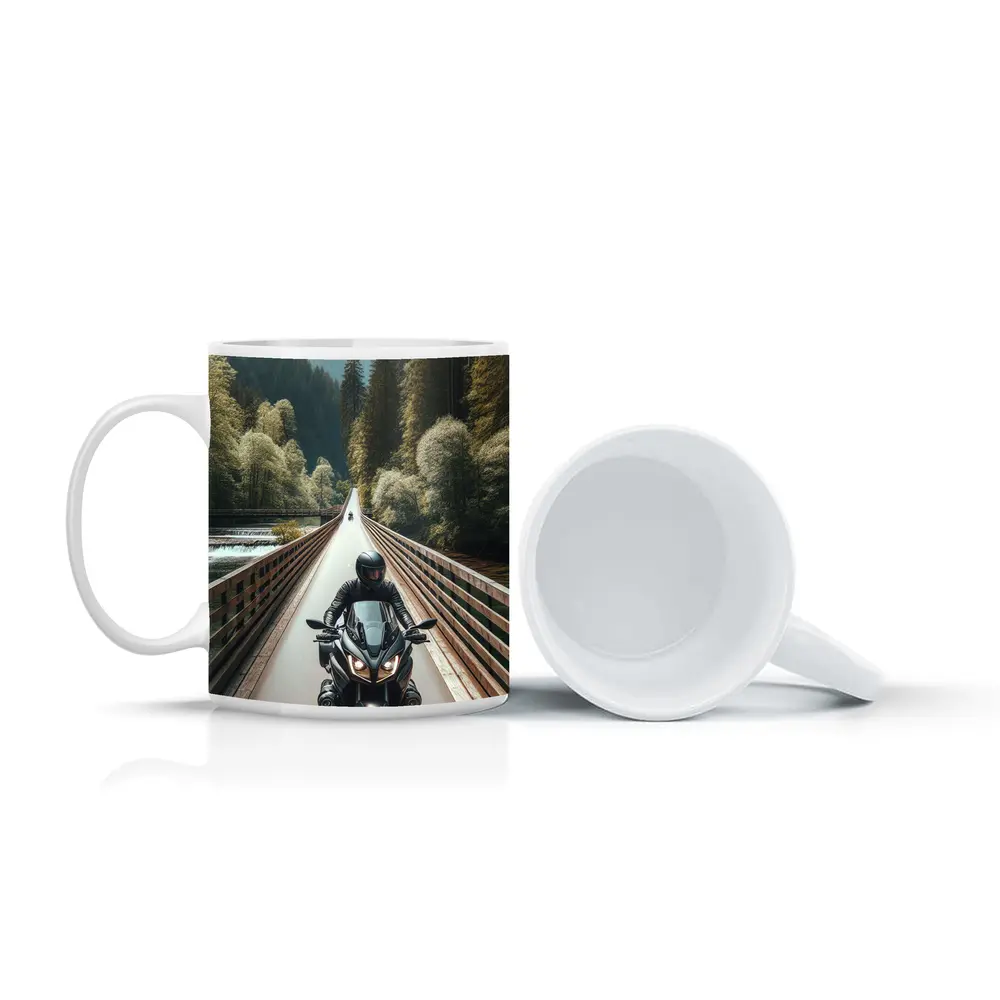 Sport Bike Rider Crossing Forest Bridge – Mugs