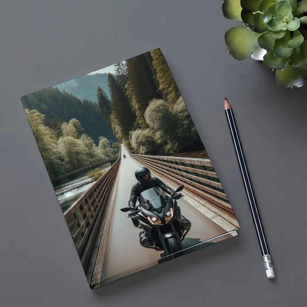 Sport Bike Rider Crossing Forest Bridge – Notebooks