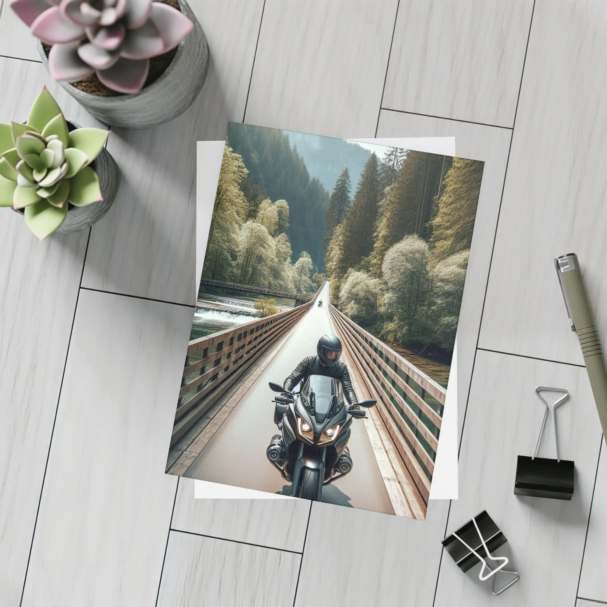 Sport Bike Rider Crossing Forest Bridge – Postcards