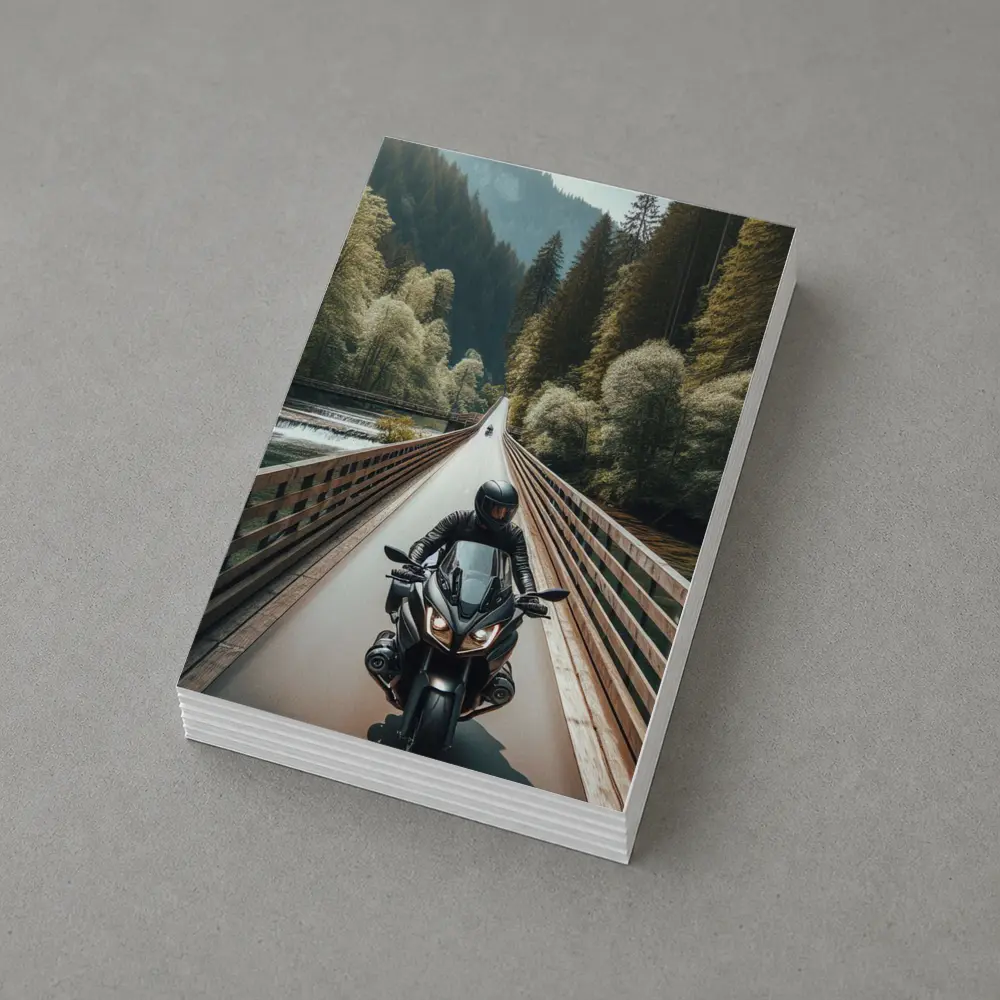 Sport Bike Rider Crossing Forest Bridge – Postcards