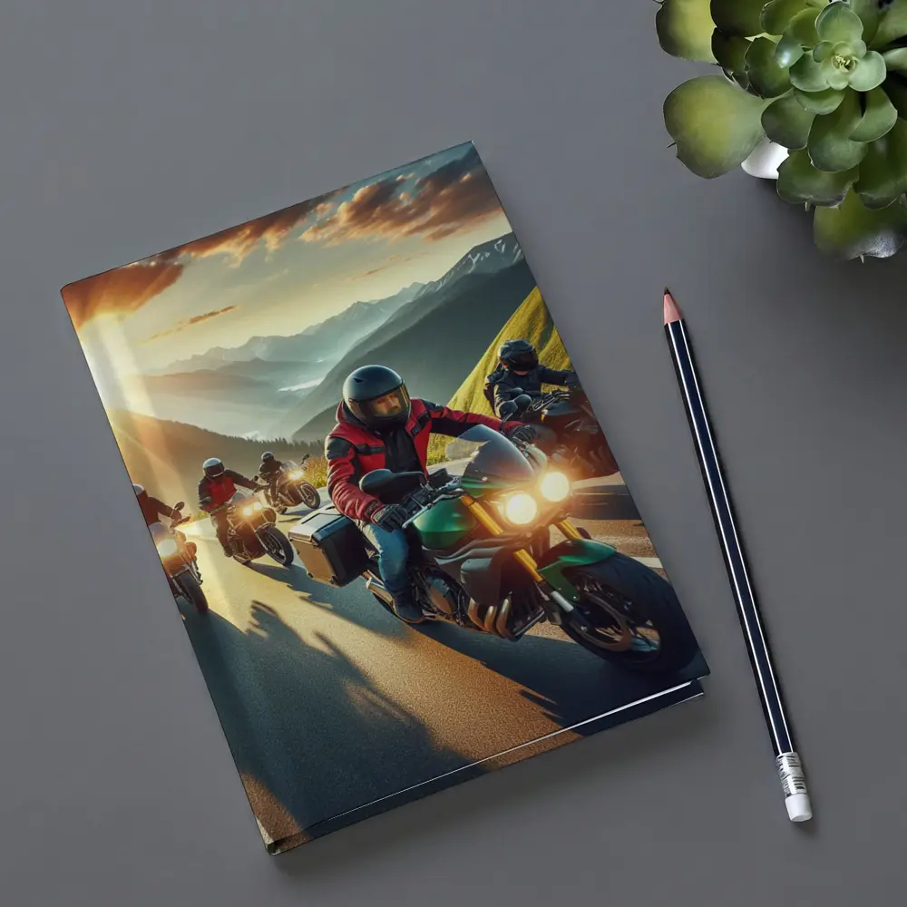 Motorcycle Riders Group Mountain Sunset Road – Notebooks