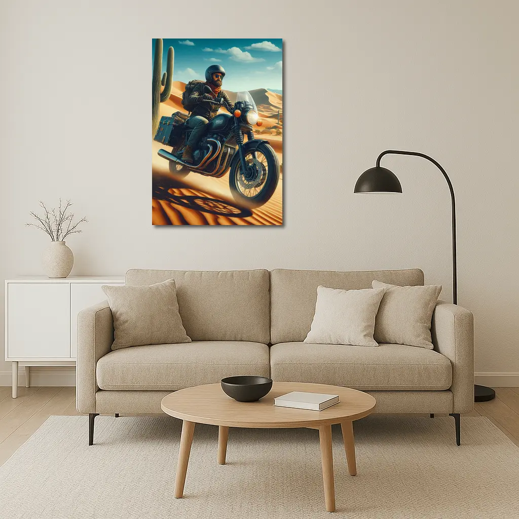 Bearded Rider Scrambler Motorcycle Desert Dunes – Wall Art