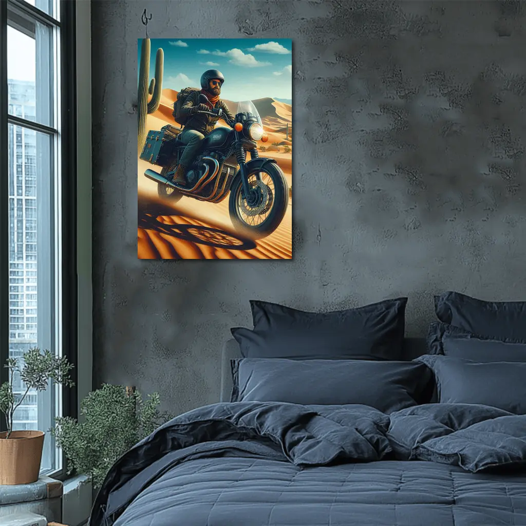 Bearded Rider Scrambler Motorcycle Desert Dunes – Wall Art