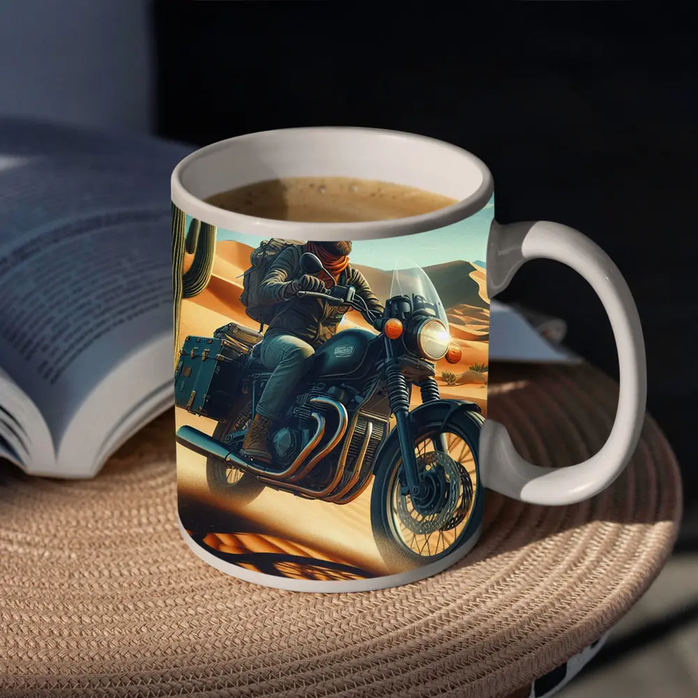 Bearded Rider Scrambler Motorcycle Desert Dunes – Mugs