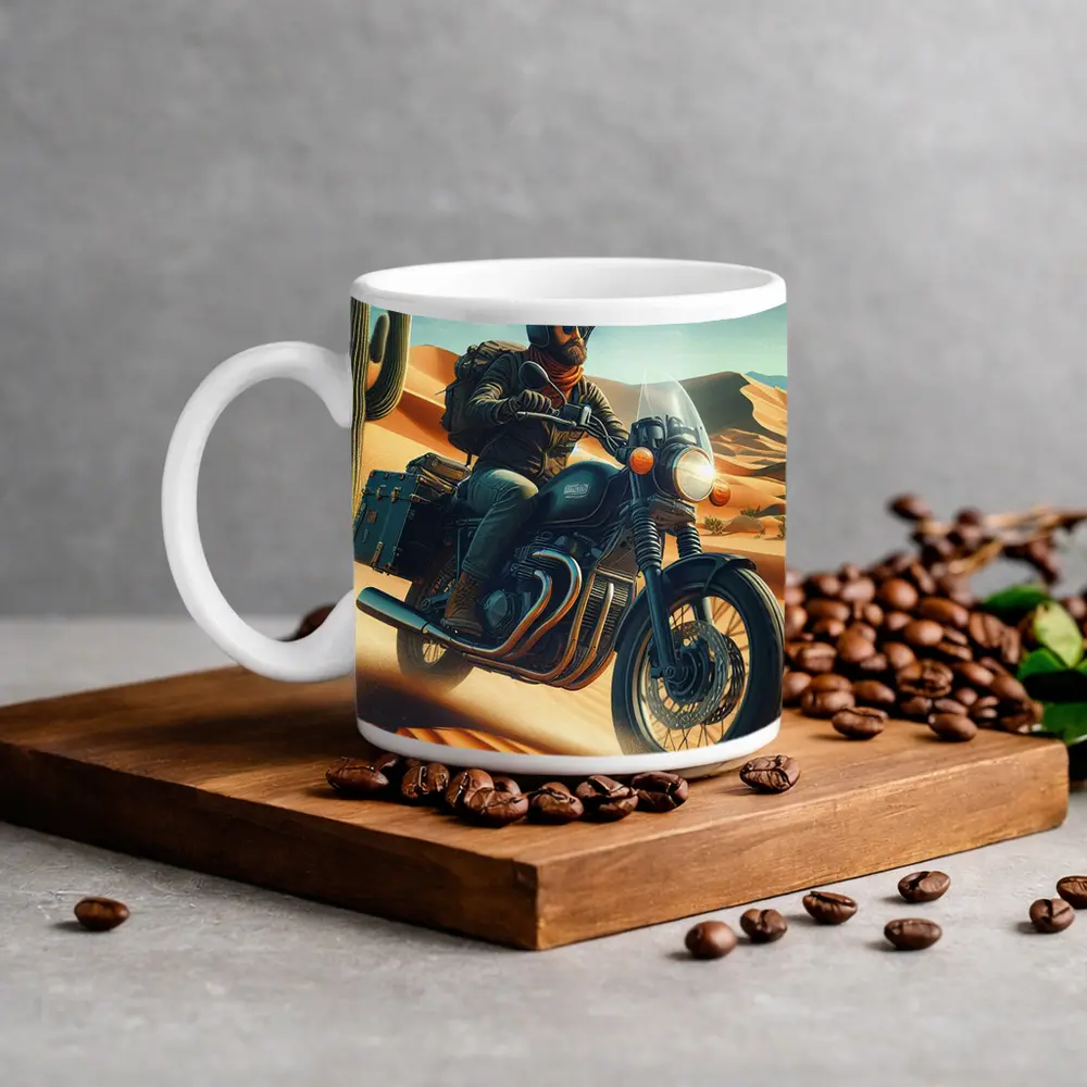 Bearded Rider Scrambler Motorcycle Desert Dunes – Mugs