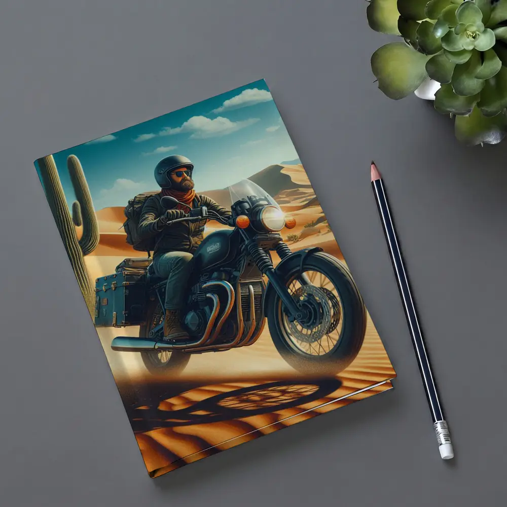 Bearded Rider Scrambler Motorcycle Desert Dunes – Notebooks