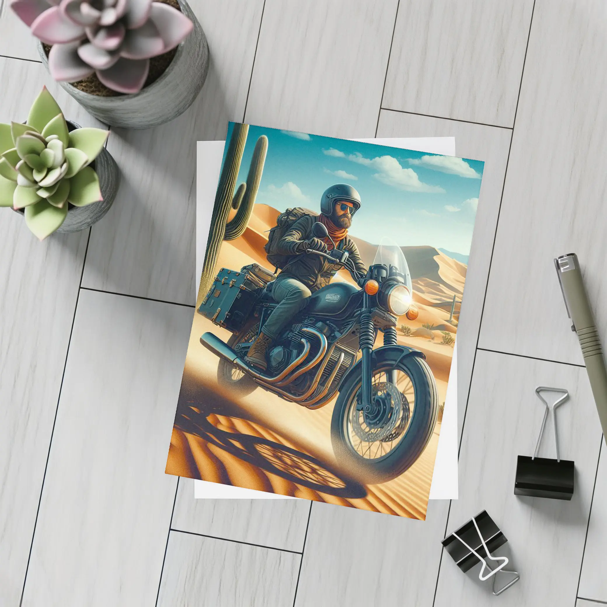 Bearded Rider Scrambler Motorcycle Desert Dunes – Postcards