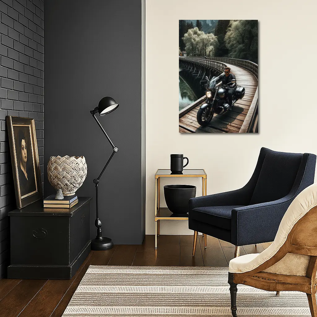 Cruiser Motorcycle Rider On Wooden Bridge – Wall Art