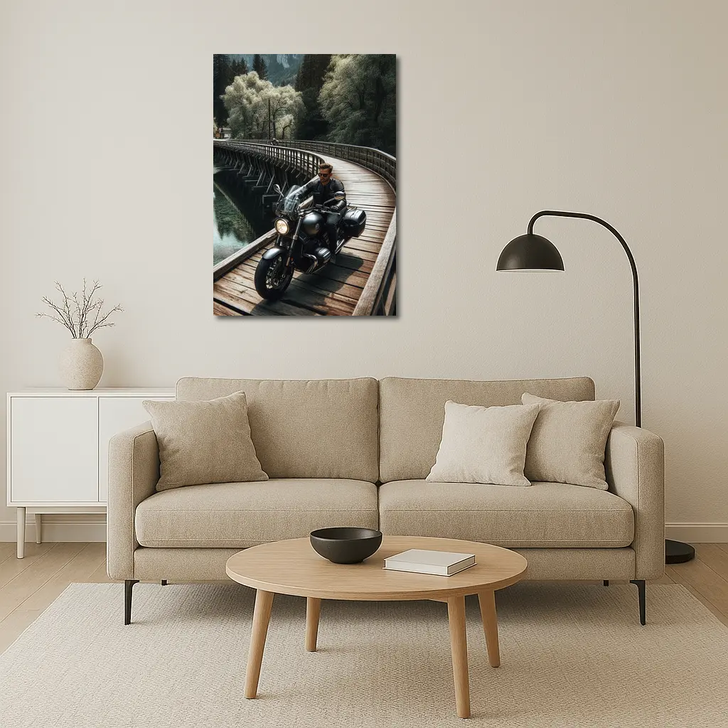 Cruiser Motorcycle Rider On Wooden Bridge – Wall Art