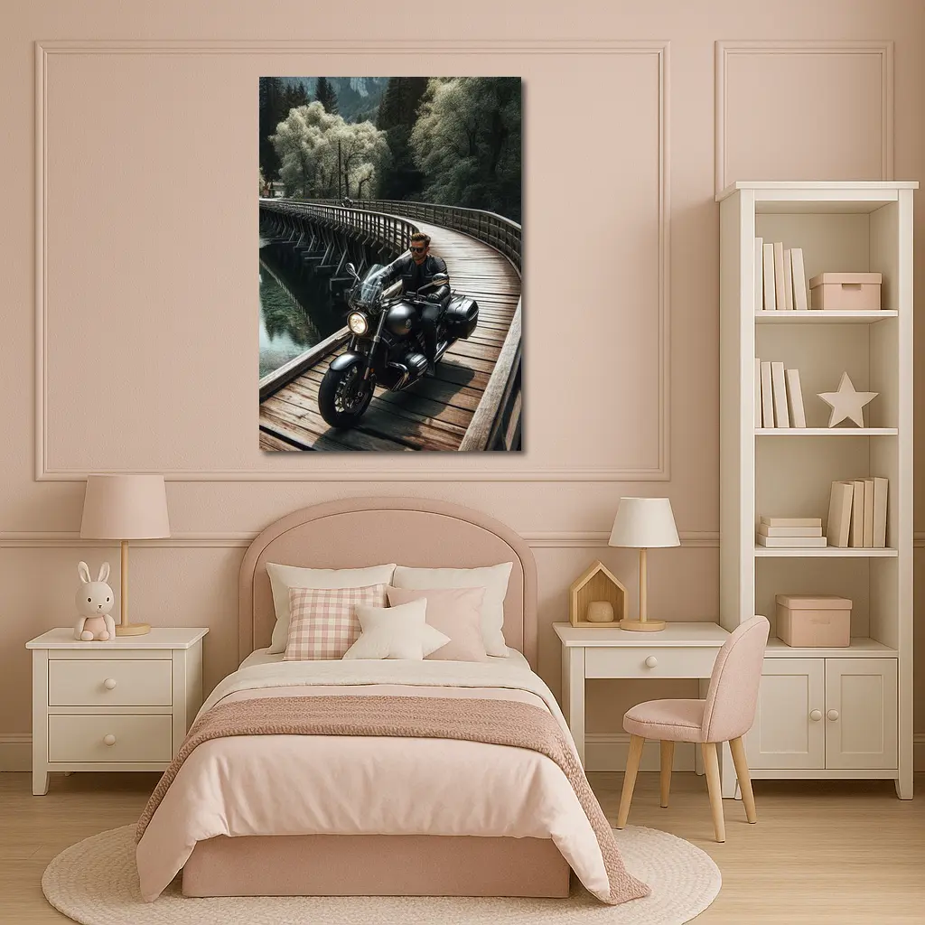 Cruiser Motorcycle Rider On Wooden Bridge – Wall Art