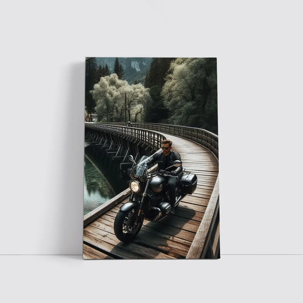 Cruiser Motorcycle Rider On Wooden Bridge – Wall Art