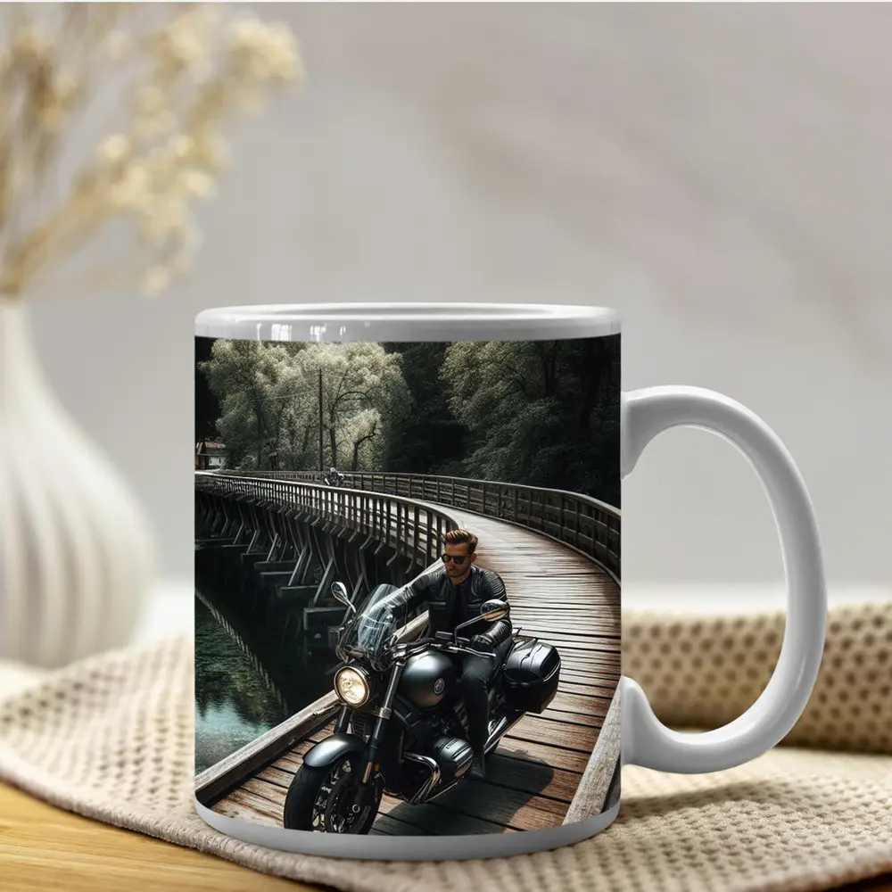 Cruiser Motorcycle Rider On Wooden Bridge – Mugs