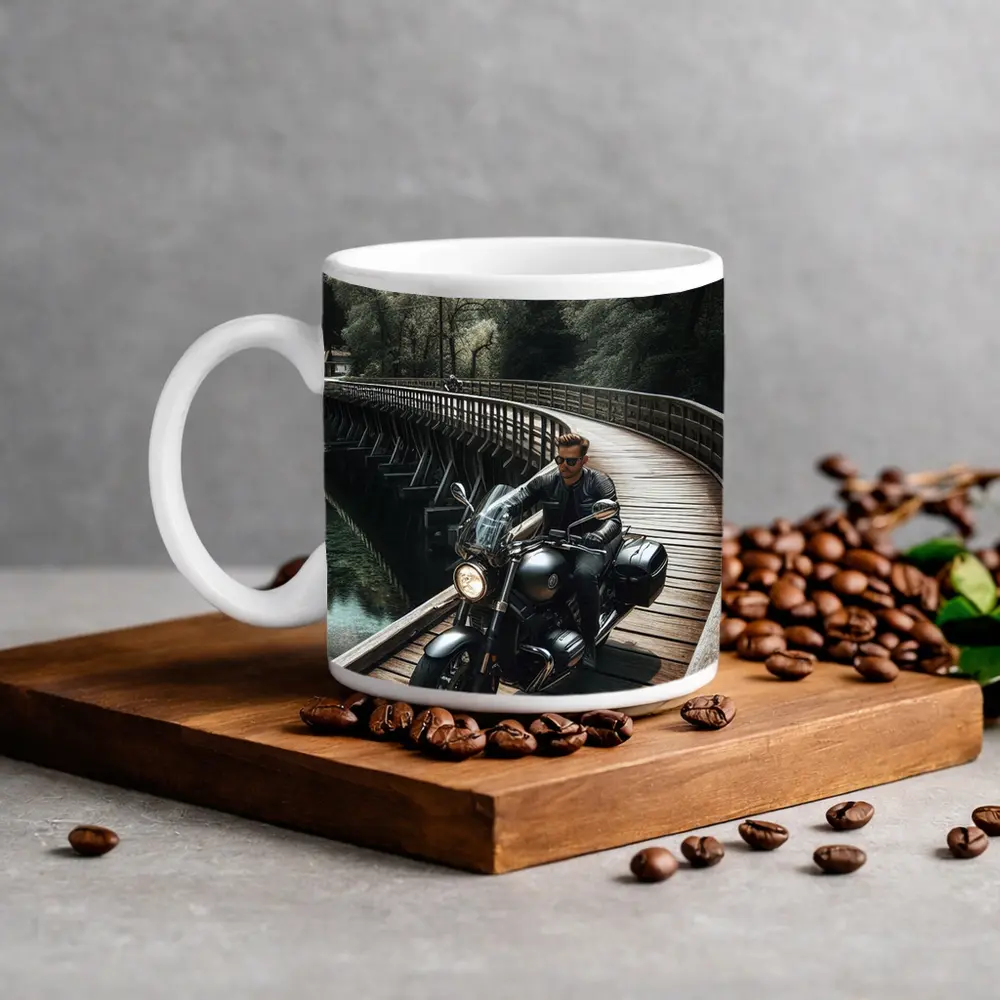 Cruiser Motorcycle Rider On Wooden Bridge – Mugs