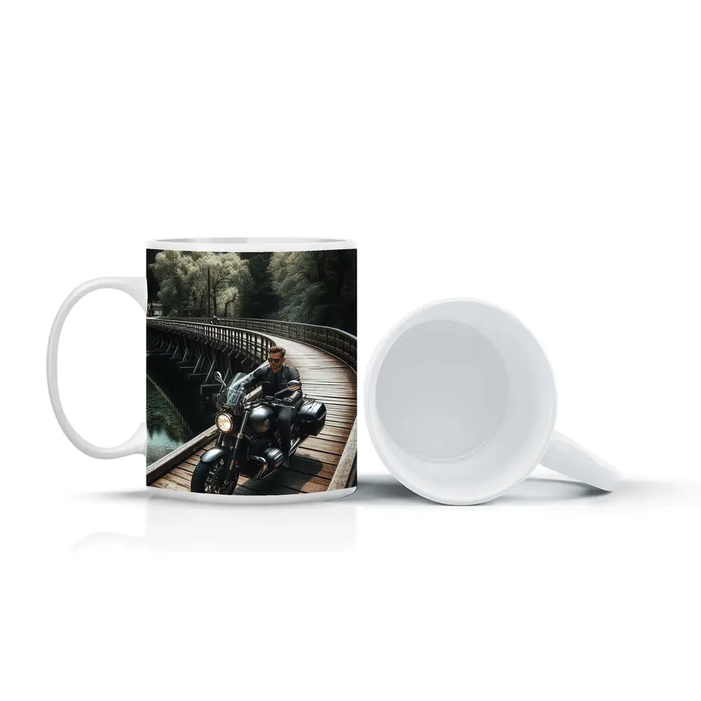 Cruiser Motorcycle Rider On Wooden Bridge – Mugs