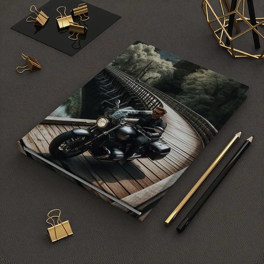 Cruiser Motorcycle Rider On Wooden Bridge – Notebooks