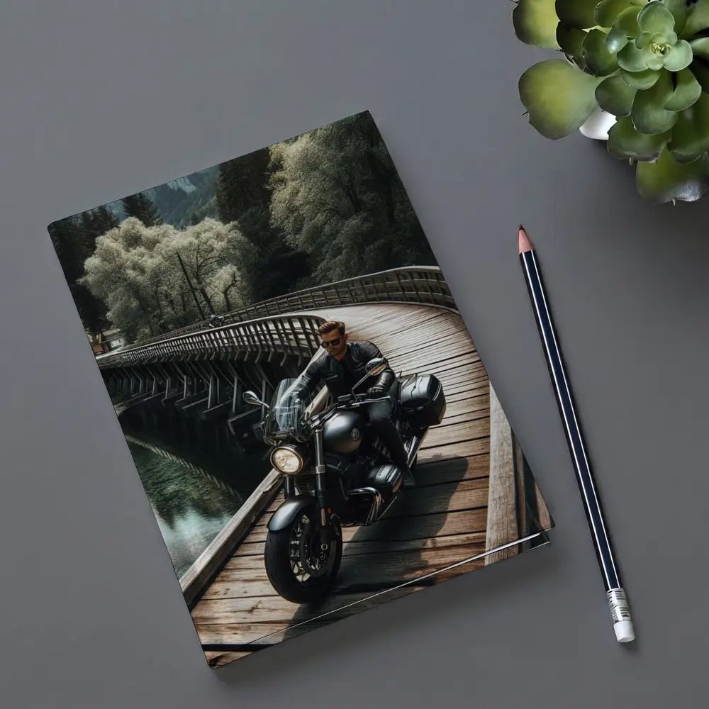 Cruiser Motorcycle Rider On Wooden Bridge – Notebooks