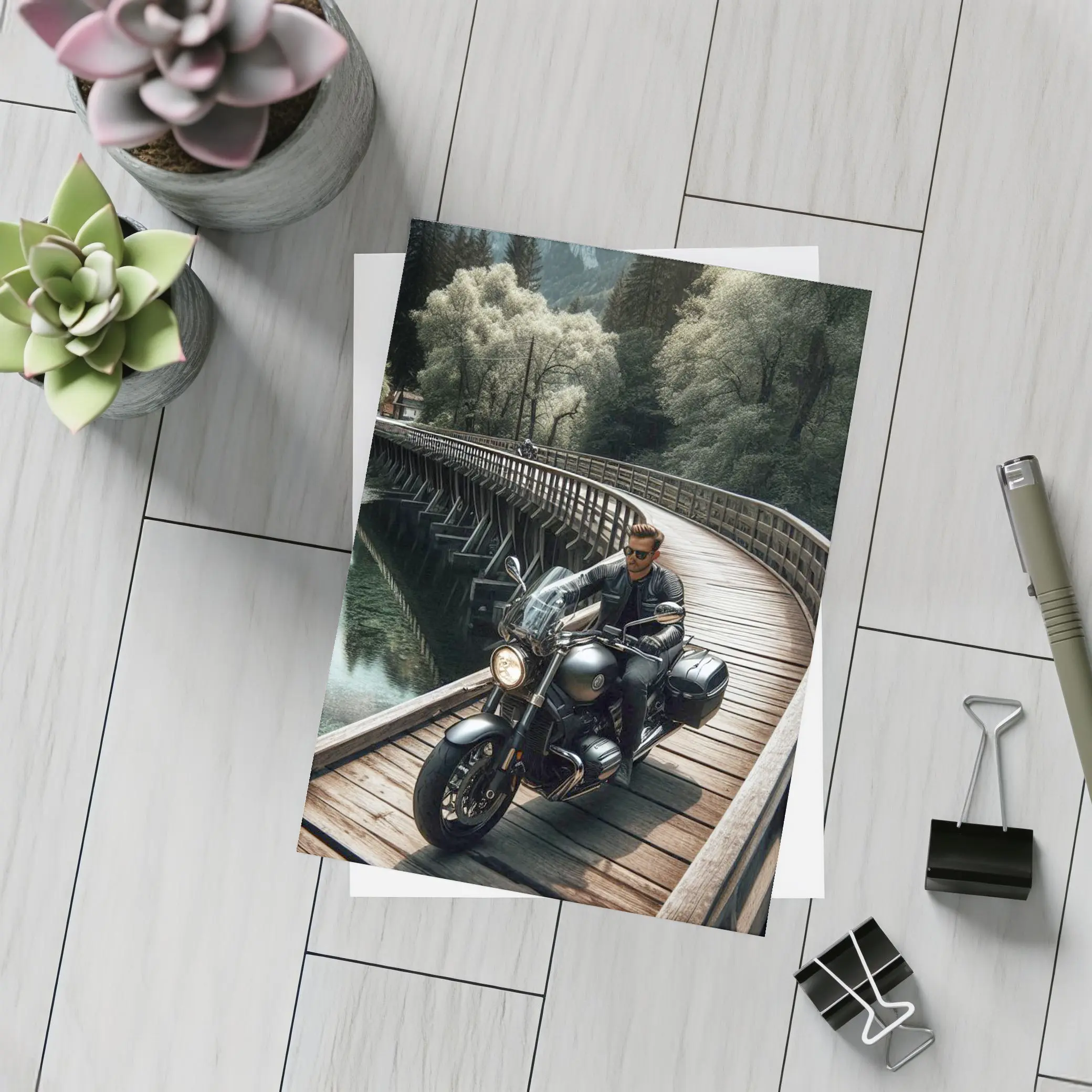 Cruiser Motorcycle Rider On Wooden Bridge – Postcards