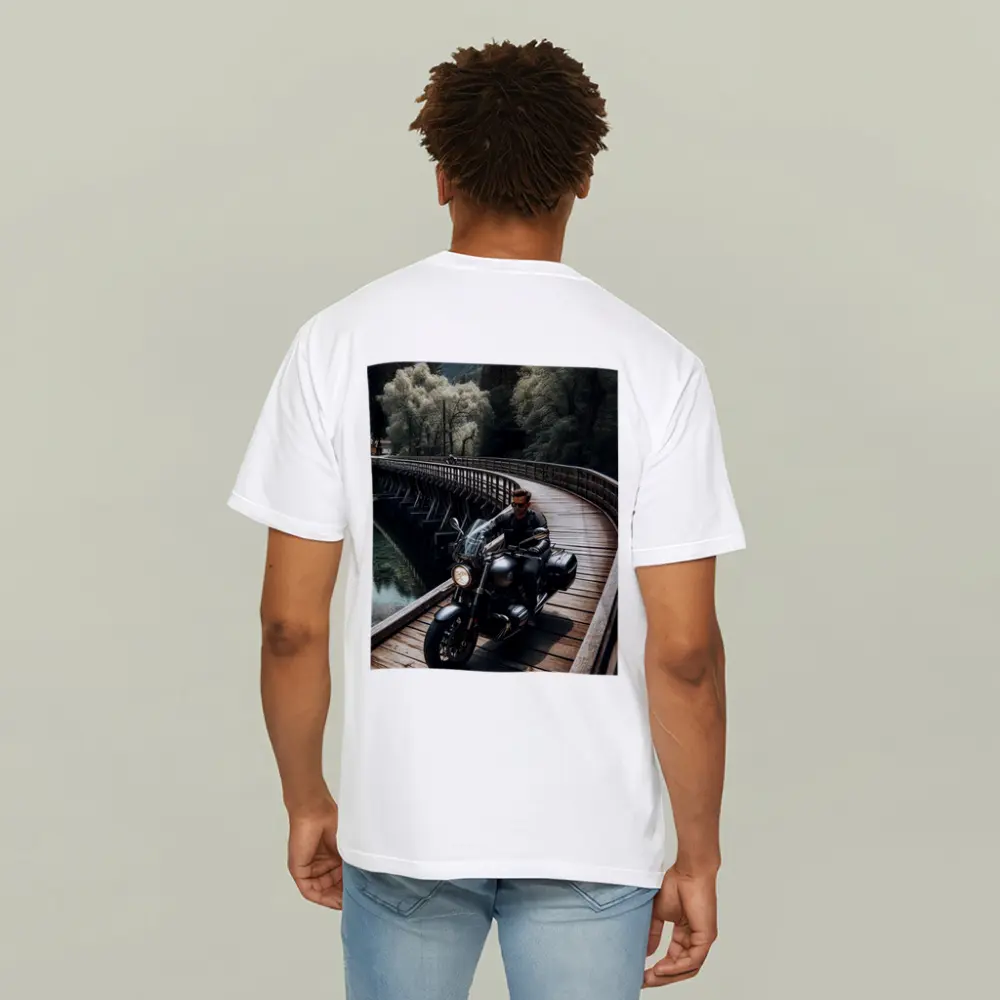Cruiser Motorcycle Rider On Wooden Bridge – T-Shirts