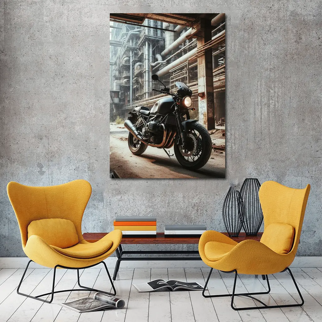 Cafe Racer Motorcycle Abandoned Industrial Factory – Wall Art