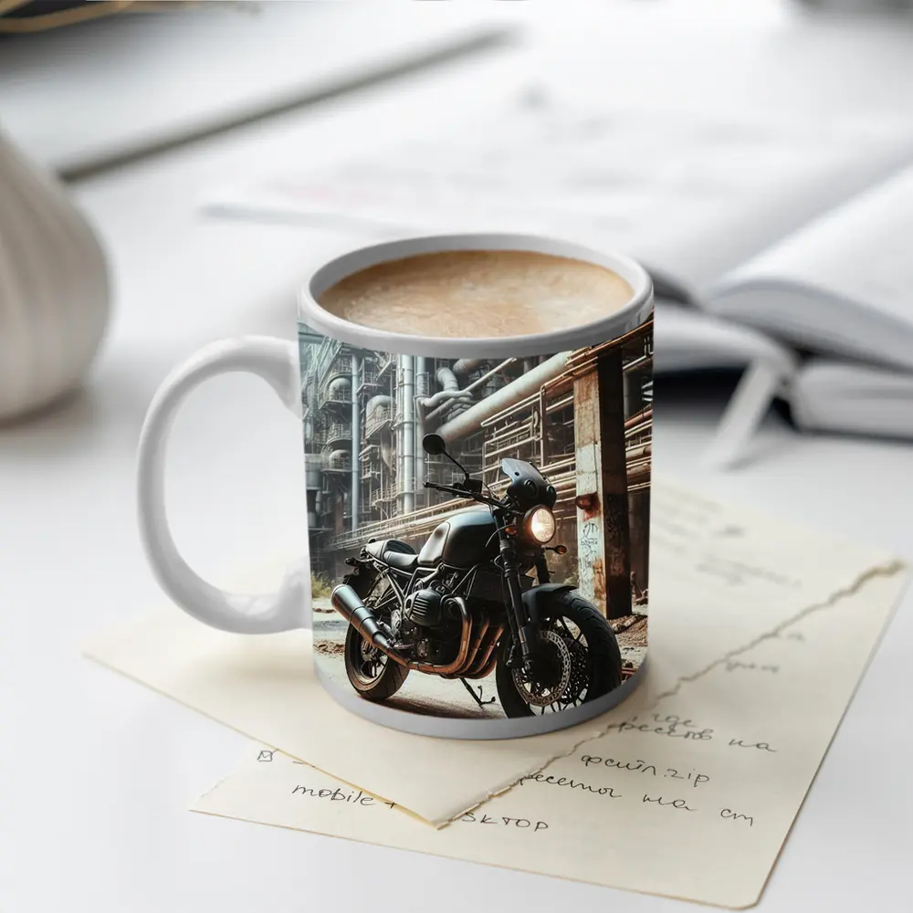 Cafe Racer Motorcycle Abandoned Industrial Factory – Mugs