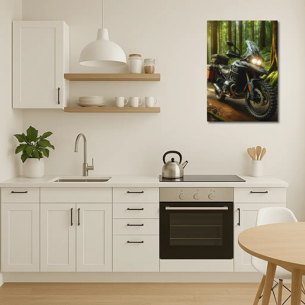 Adventure Motorcycle Parked In Sunlit Forest – Wall Art
