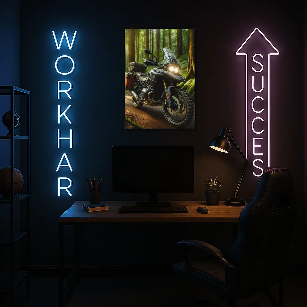 Adventure Motorcycle Parked In Sunlit Forest – Wall Art
