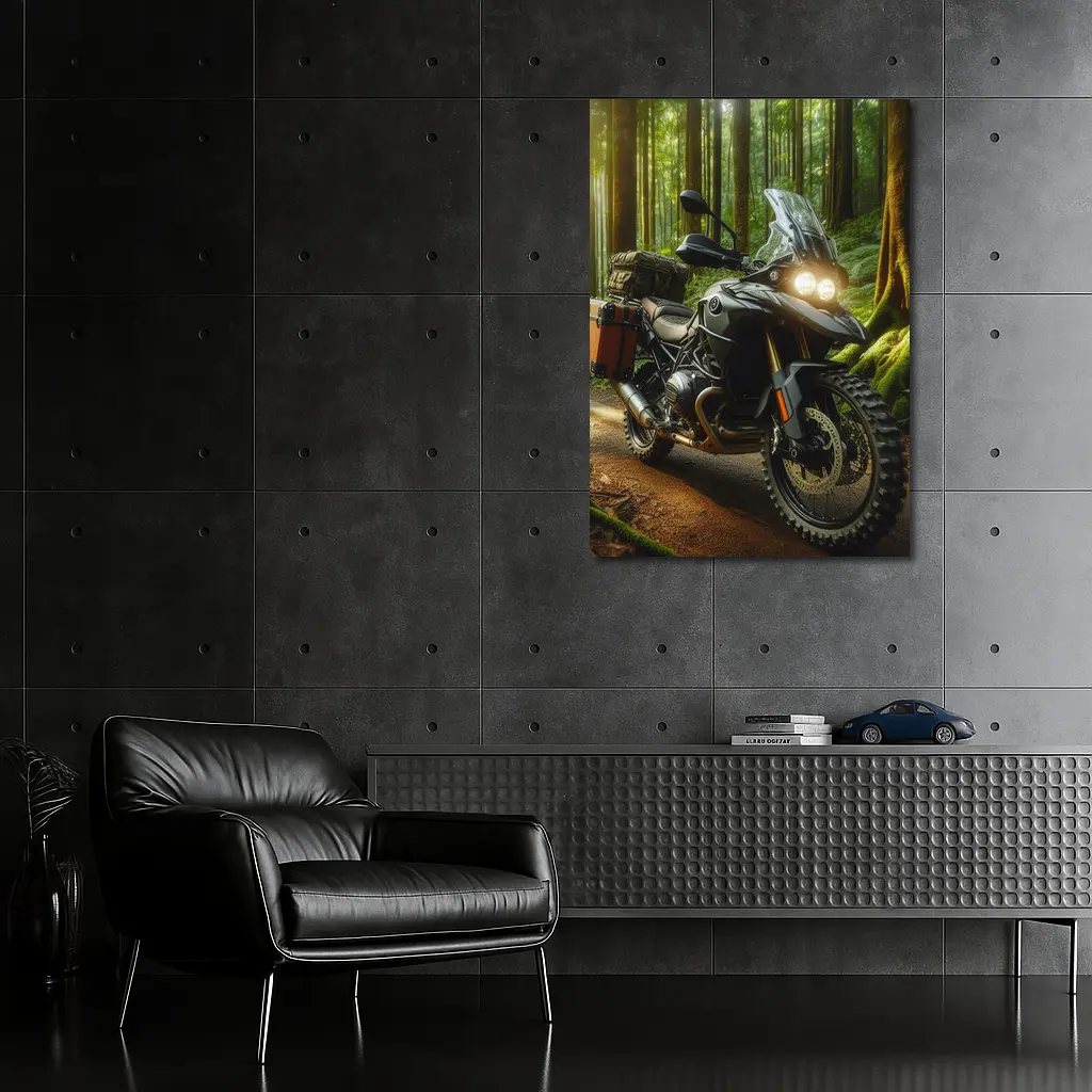 Adventure Motorcycle Parked In Sunlit Forest – Wall Art