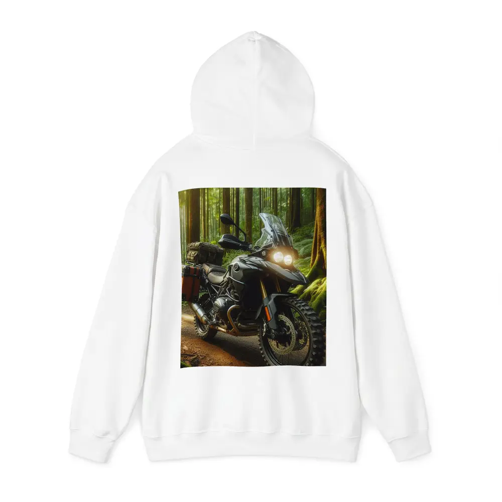 Adventure Motorcycle Parked In Sunlit Forest – Hoodies